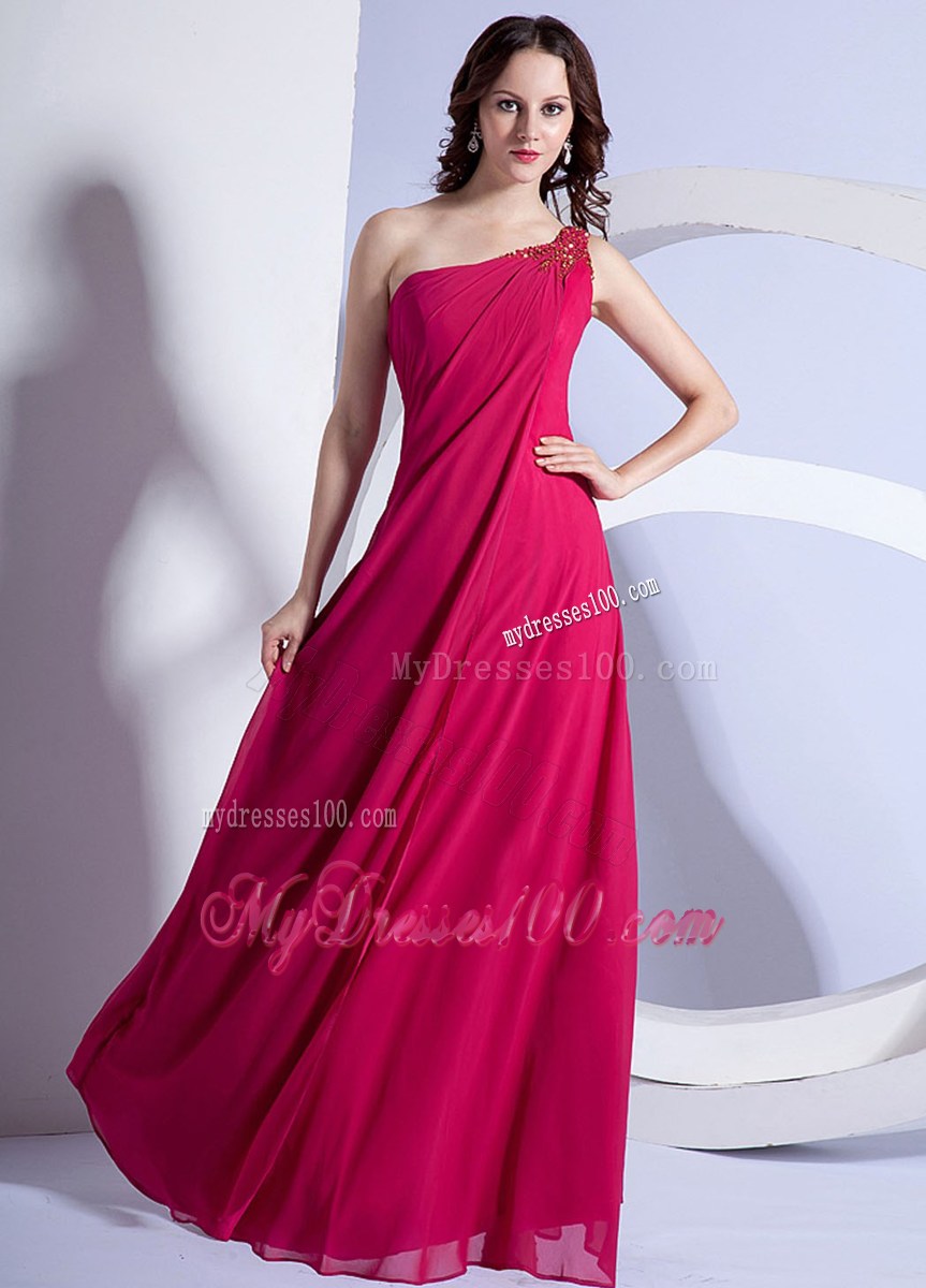Empire Beading One Shoulder Prom Dress Hot Pink