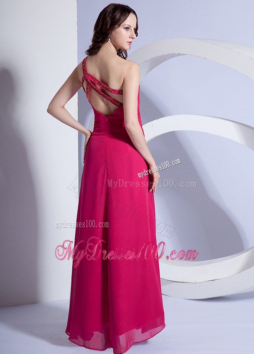 Empire Beading One Shoulder Prom Dress Hot Pink