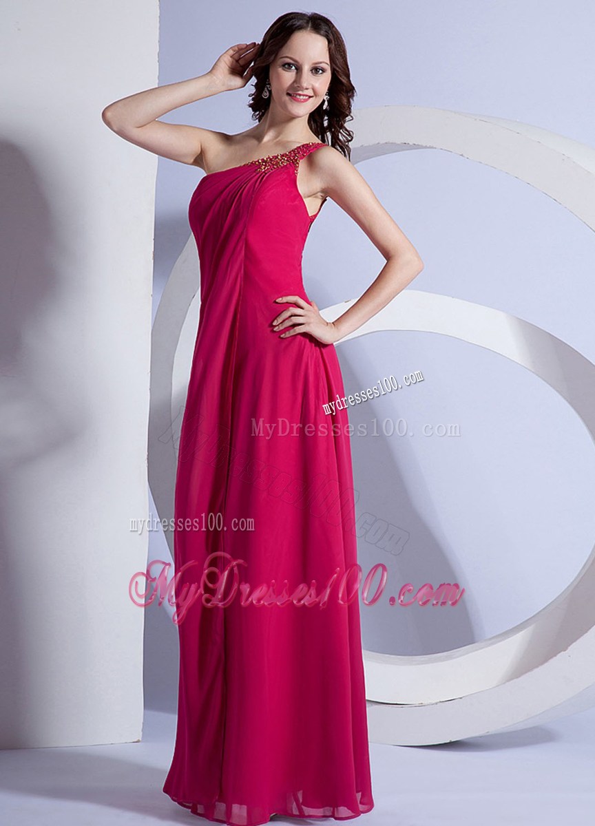 Empire Beading One Shoulder Prom Dress Hot Pink