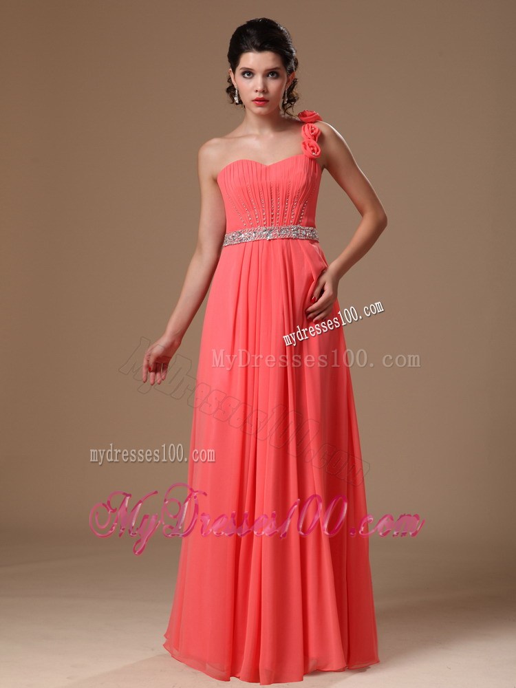 One Shoulder Watermelon Beaded Flowers Graduation Dress