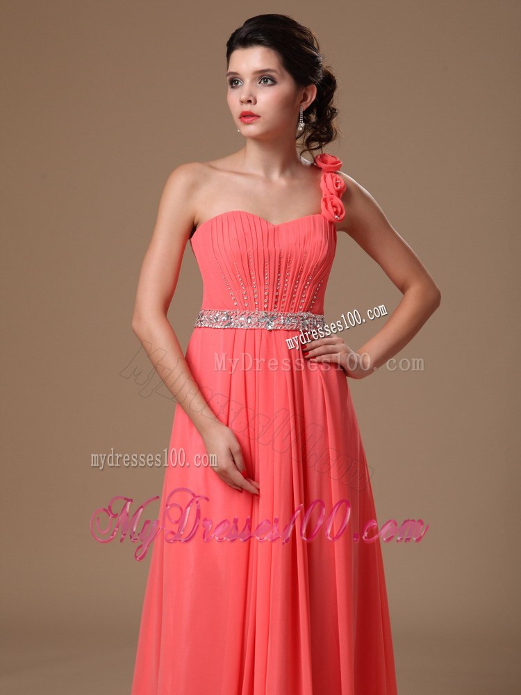 One Shoulder Watermelon Beaded Flowers Graduation Dress