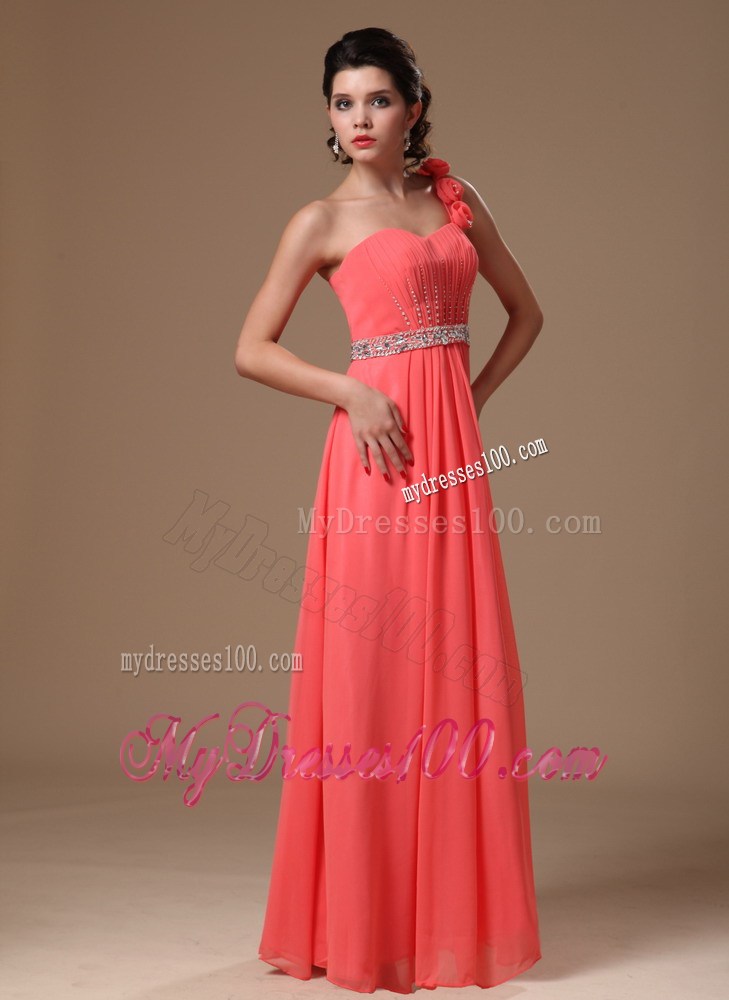 One Shoulder Watermelon Beaded Flowers Graduation Dress