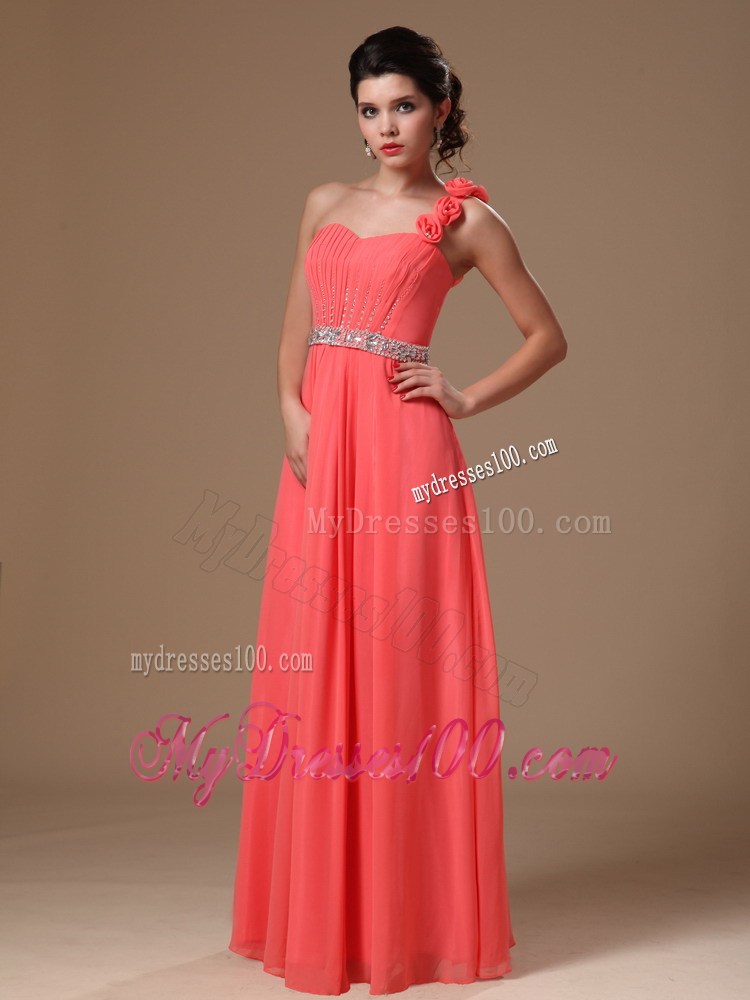 One Shoulder Watermelon Beaded Flowers Graduation Dress