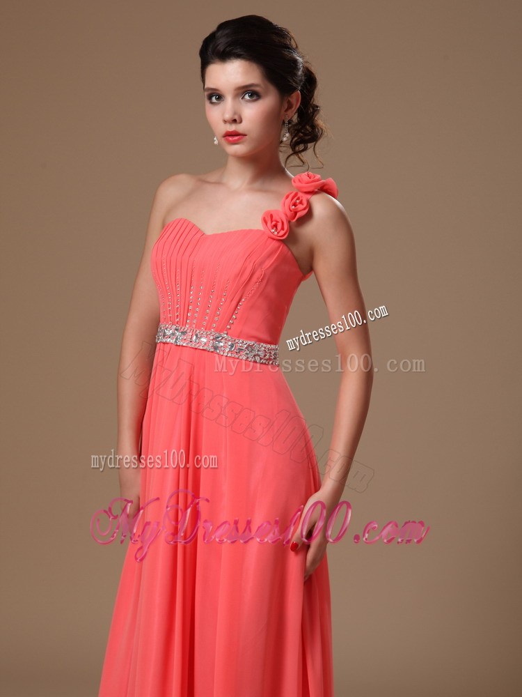 One Shoulder Watermelon Beaded Flowers Graduation Dress