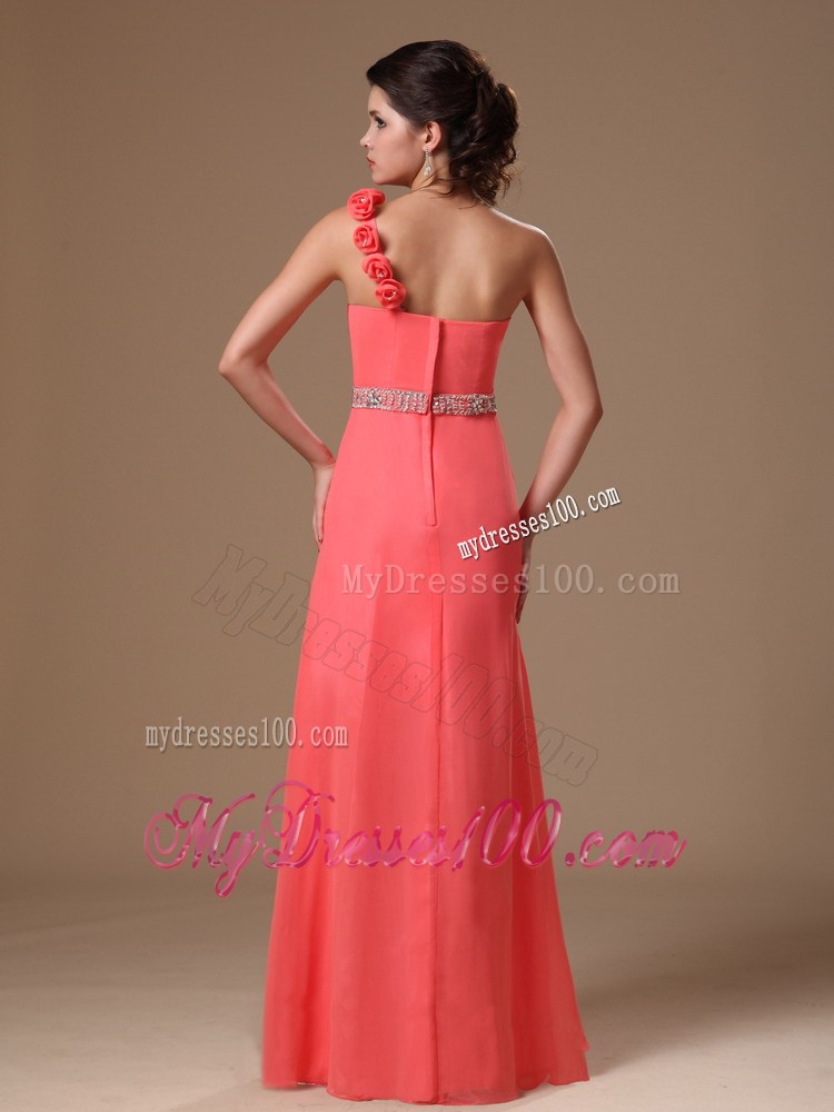 One Shoulder Watermelon Beaded Flowers Graduation Dress