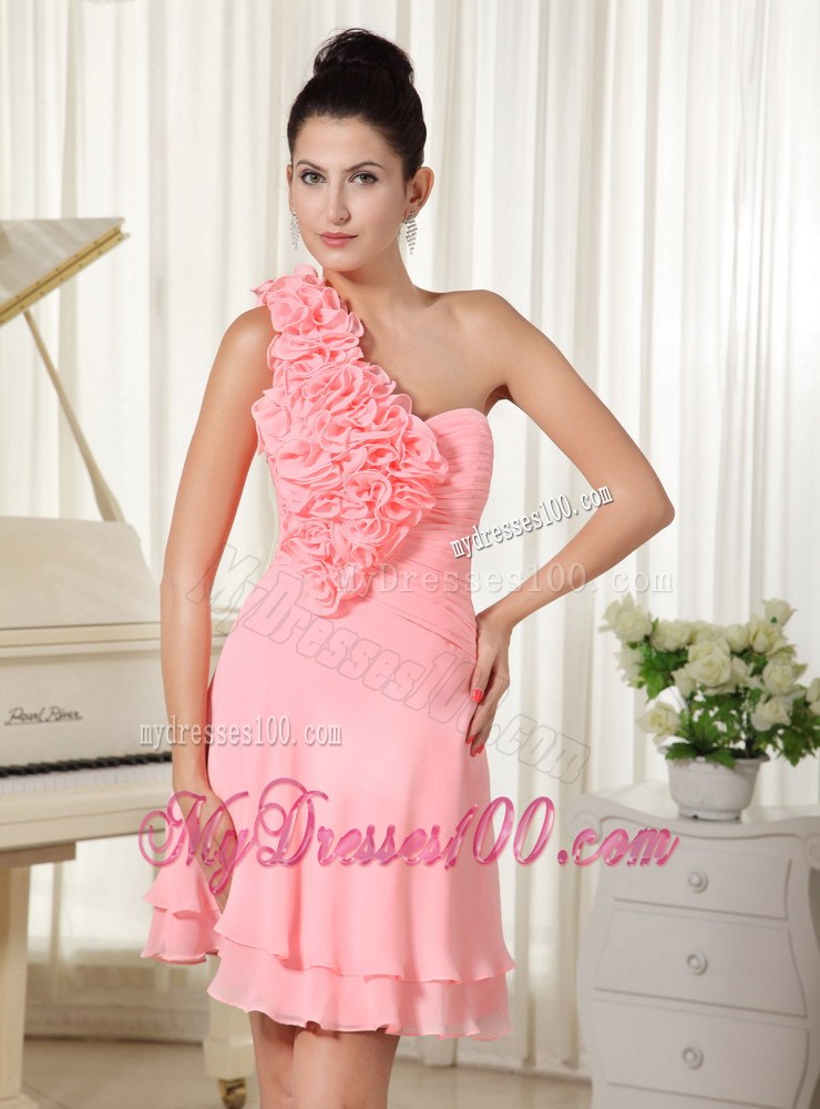 Hand Made Flowers Shoulder and Bust Watermelon Graduation Dress
