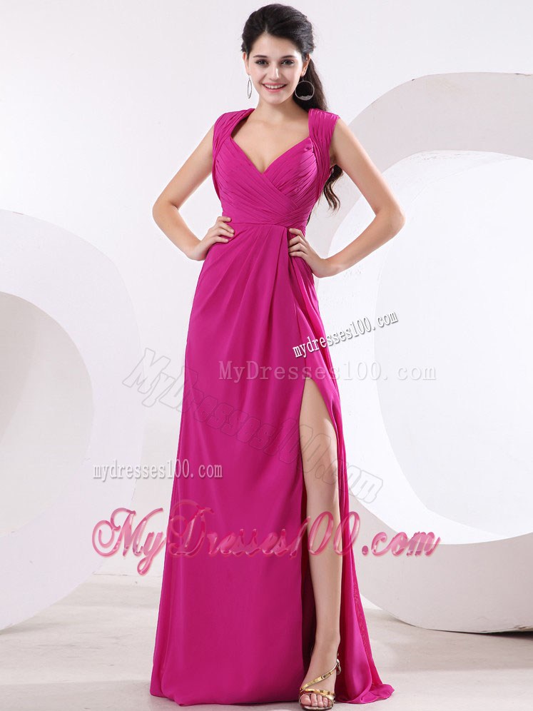 V-neck For Fuchsia Graduation Dress with High Slit and Ruching