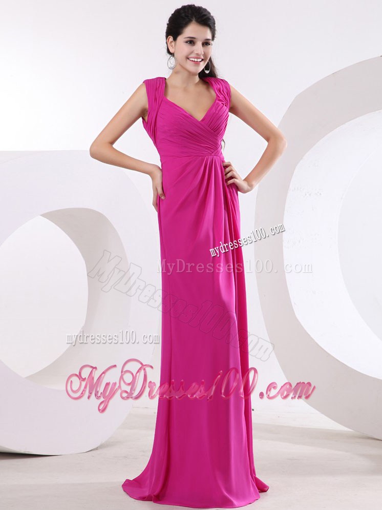 V-neck For Fuchsia Graduation Dress with High Slit and Ruching