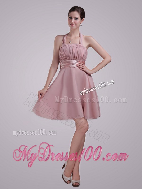 Pink Princess Halter Mini-length Ruched Prom Graduation Dresses