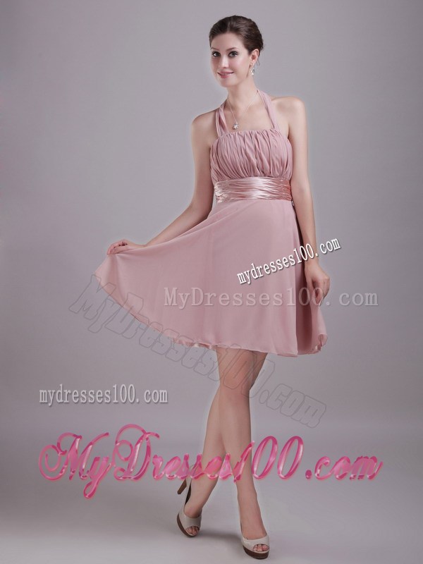 Pink Princess Halter Mini-length Ruched Prom Graduation Dresses