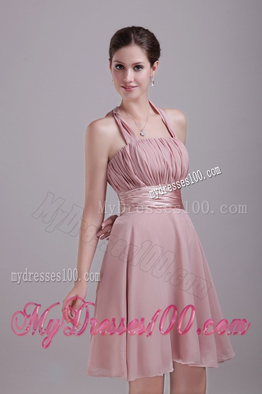 Pink Princess Halter Mini-length Ruched Prom Graduation Dresses