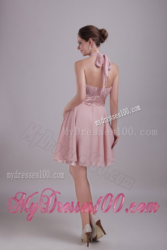 Pink Princess Halter Mini-length Ruched Prom Graduation Dresses