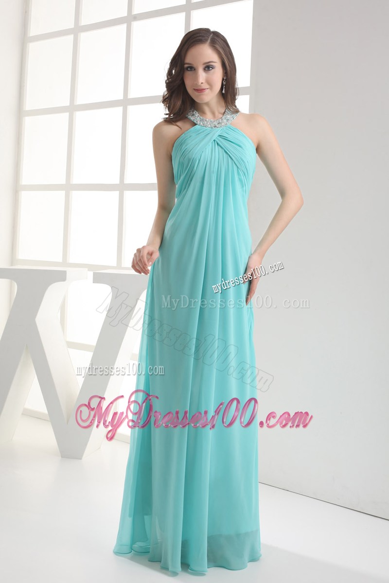Halter Top Aqua Blue Empire Beading Prom Dress