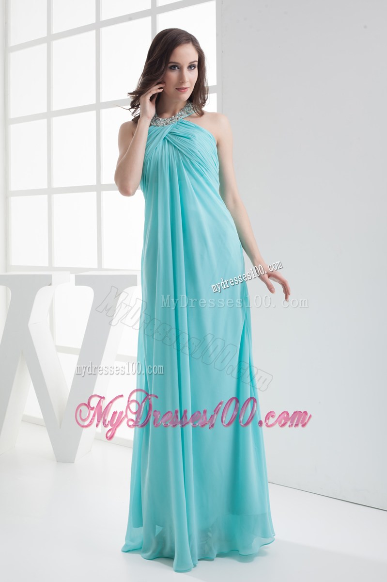 Halter Top Aqua Blue Empire Beading Prom Dress