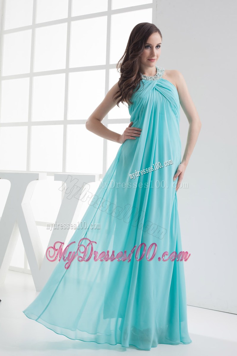 Halter Top Aqua Blue Empire Beading Prom Dress
