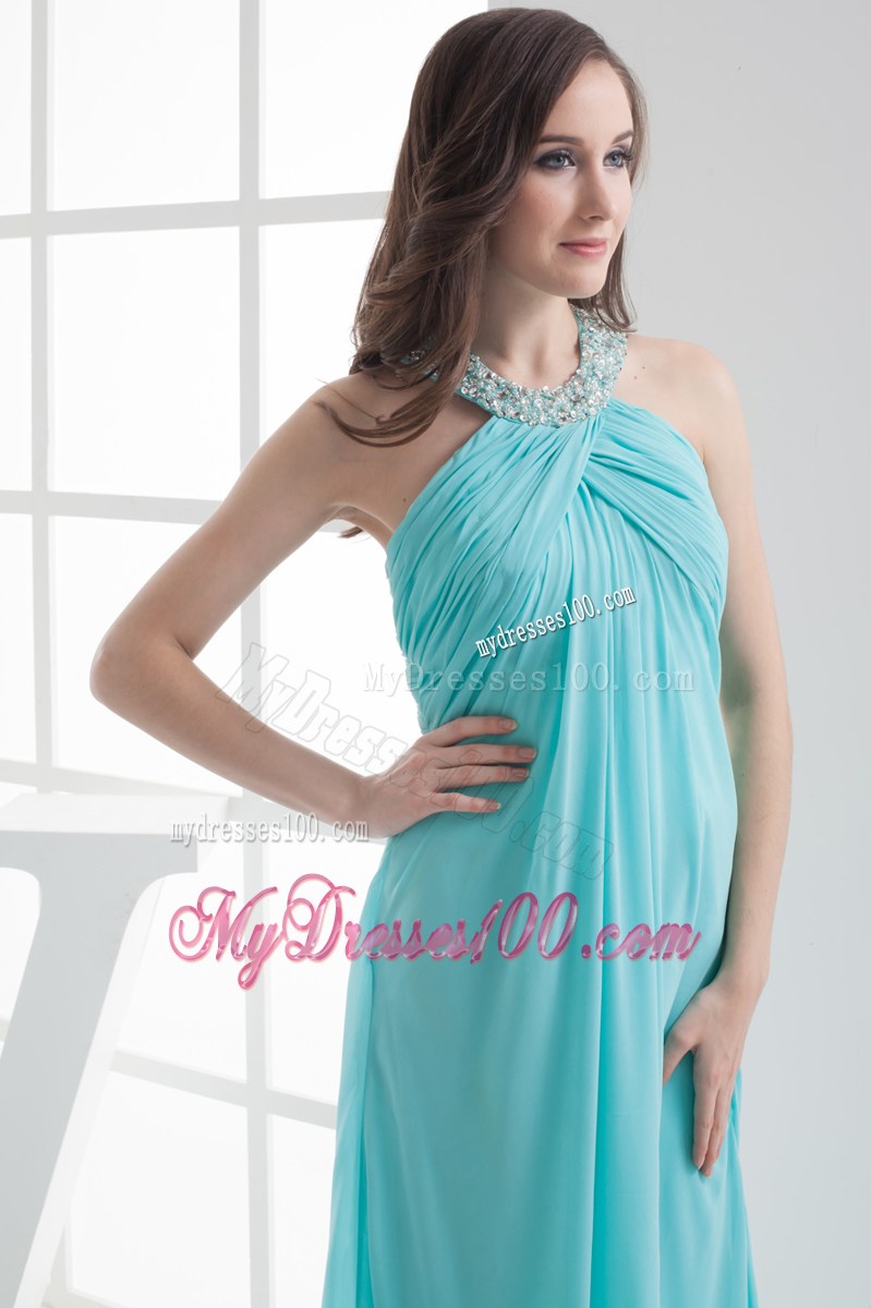Halter Top Aqua Blue Empire Beading Prom Dress
