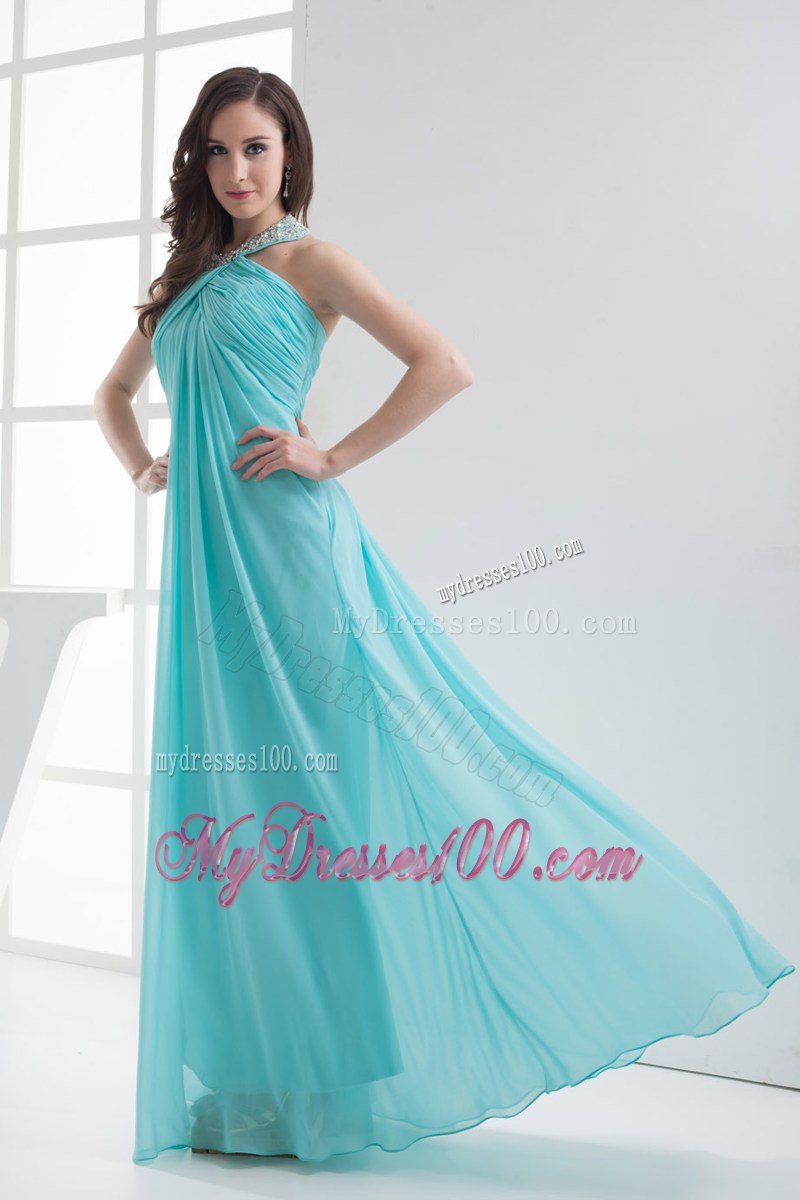 Halter Top Aqua Blue Empire Beading Prom Dress
