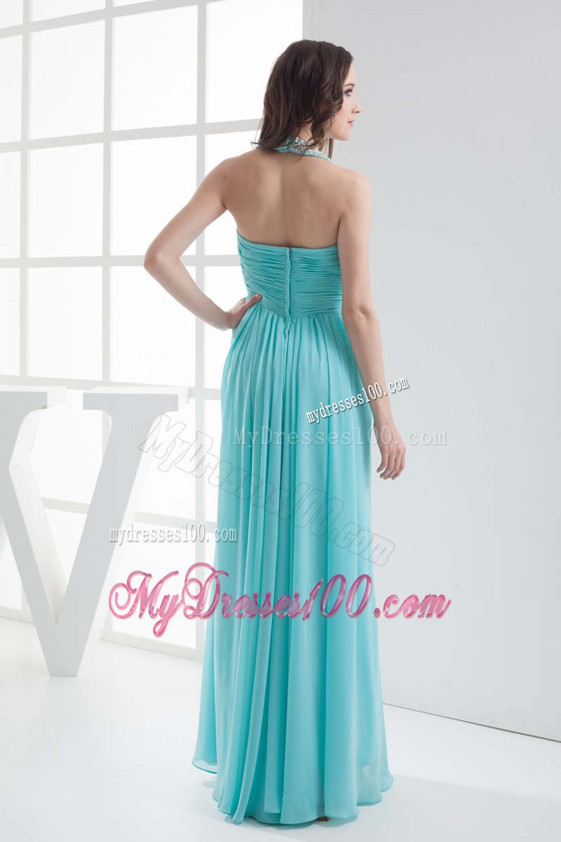 Halter Top Aqua Blue Empire Beading Prom Dress