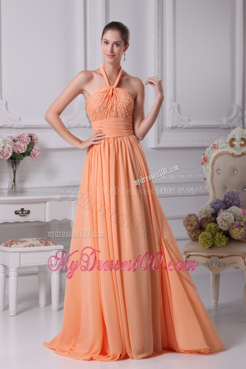 Halter Top Orange Beading Empire Brush Train Prom Dress
