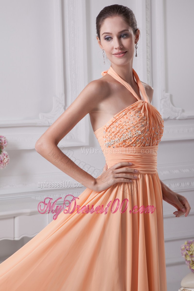 Halter Top Orange Beading Empire Brush Train Prom Dress