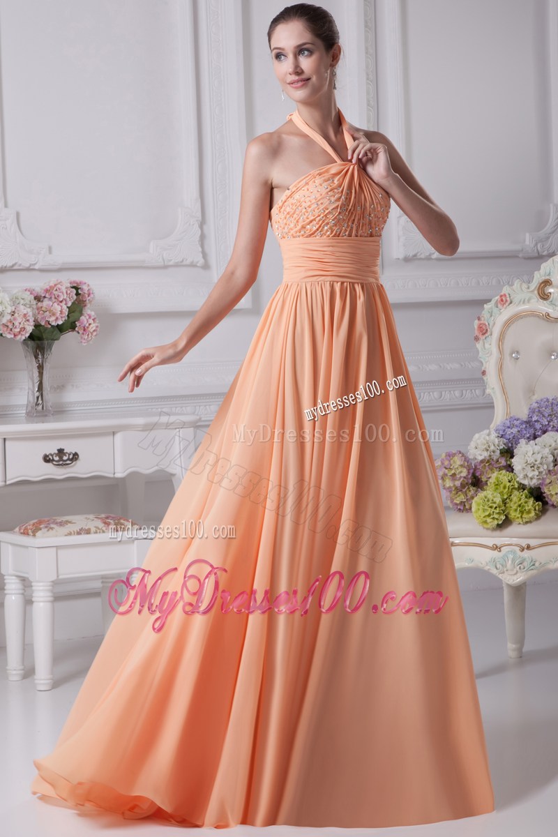 Halter Top Orange Beading Empire Brush Train Prom Dress