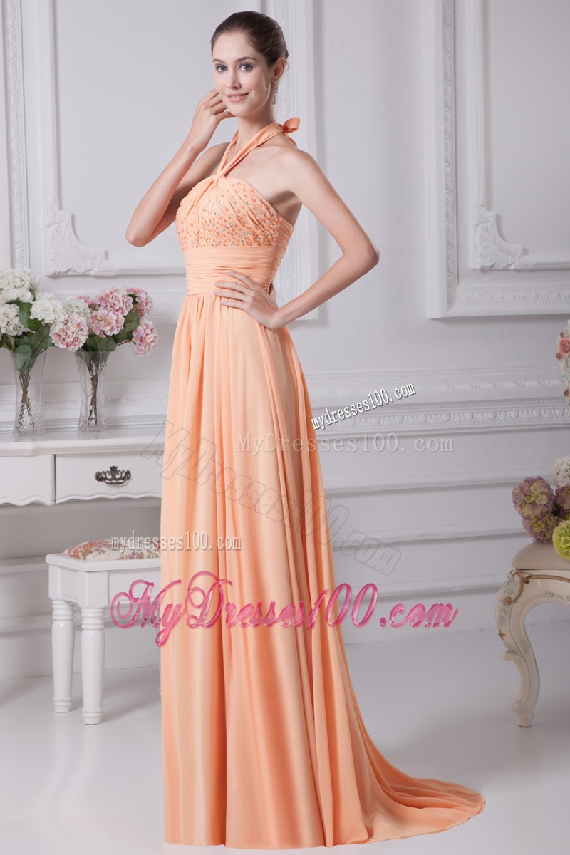 Halter Top Orange Beading Empire Brush Train Prom Dress