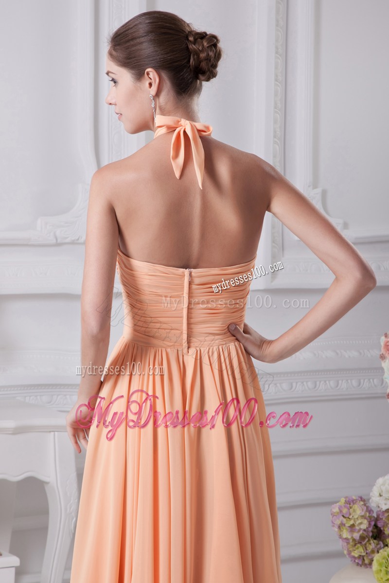 Halter Top Orange Beading Empire Brush Train Prom Dress
