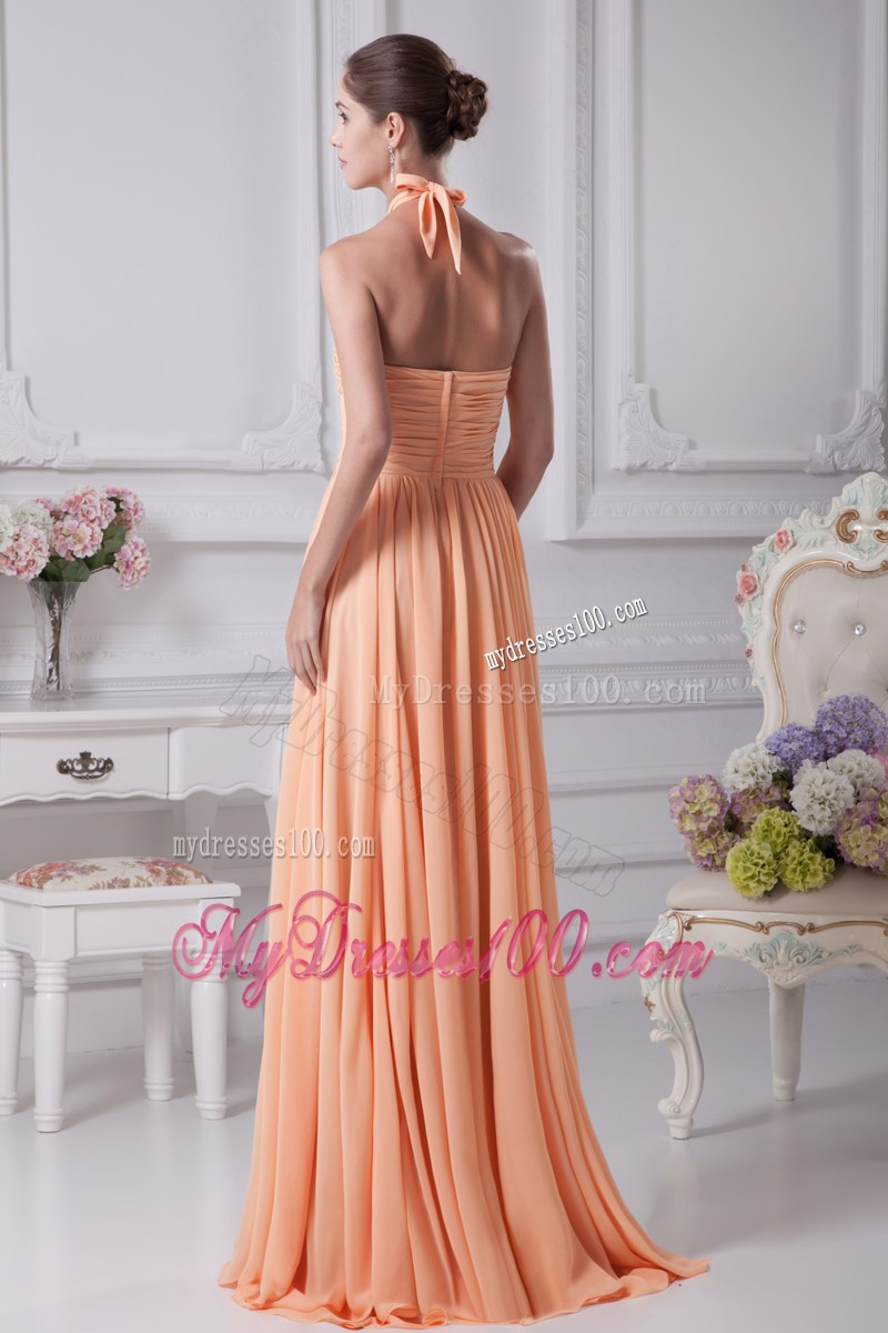 Halter Top Orange Beading Empire Brush Train Prom Dress