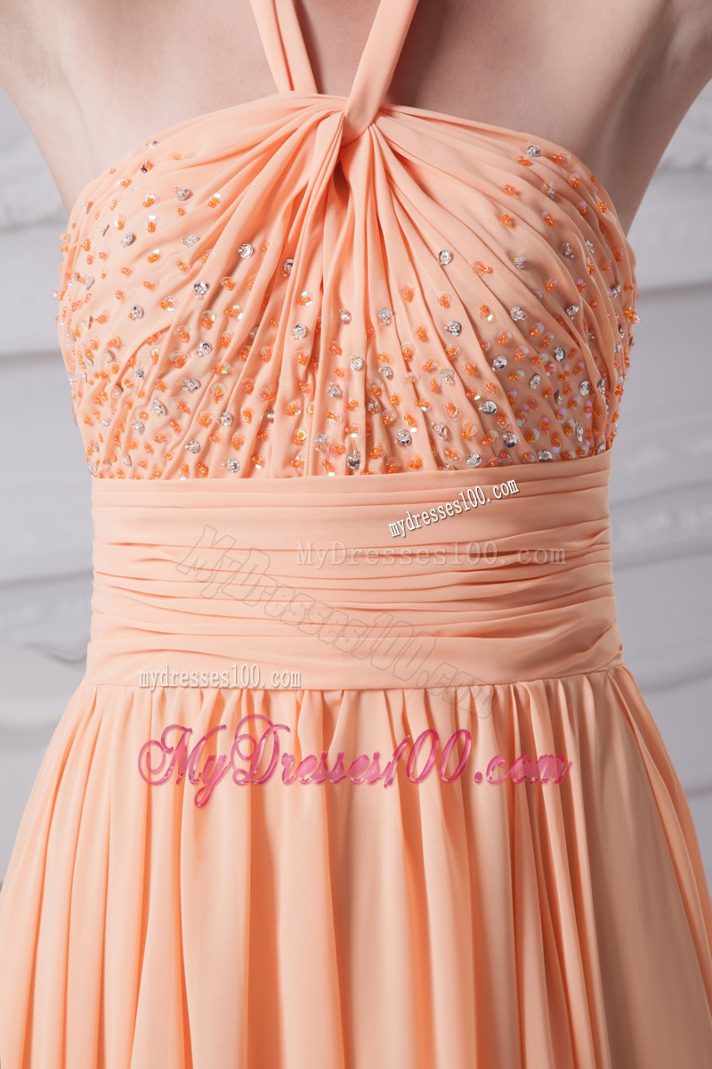 Halter Top Orange Beading Empire Brush Train Prom Dress