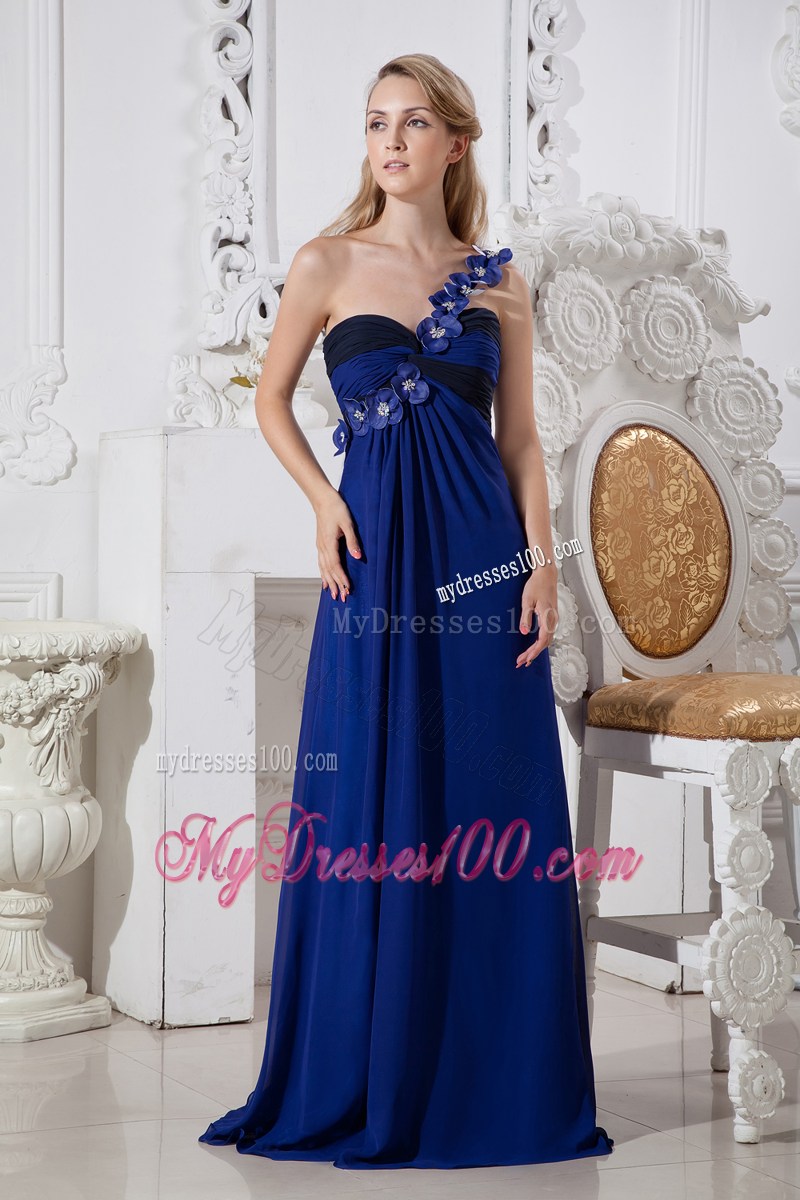 2013 Blue Column Flowers One Shoulder Graduation Dresses Floor-length