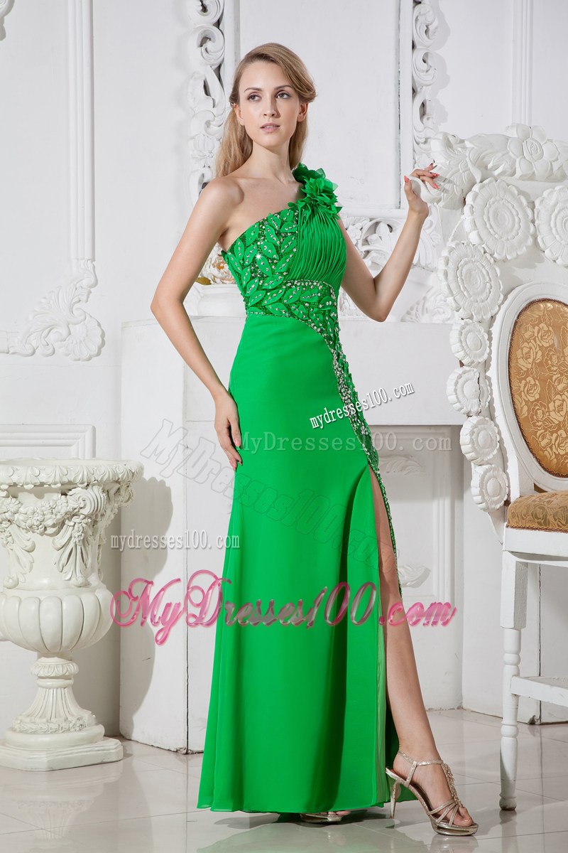 Green One Shoulder Flowers Cut Out Graduation Dress Floor-length