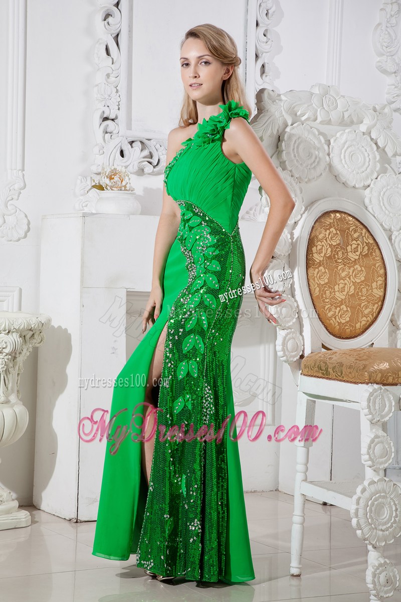 Green One Shoulder Flowers Cut Out Graduation Dress Floor-length