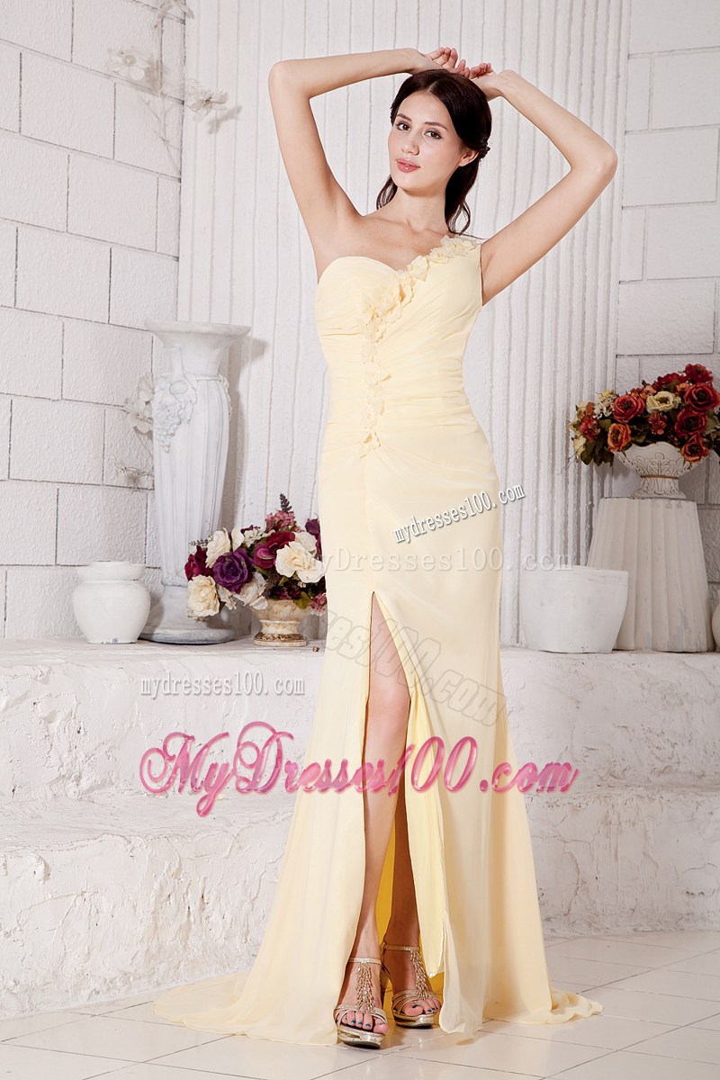 Light Yellow Empire One Shoulder Hand Made Flowers Prom Graduation Dress