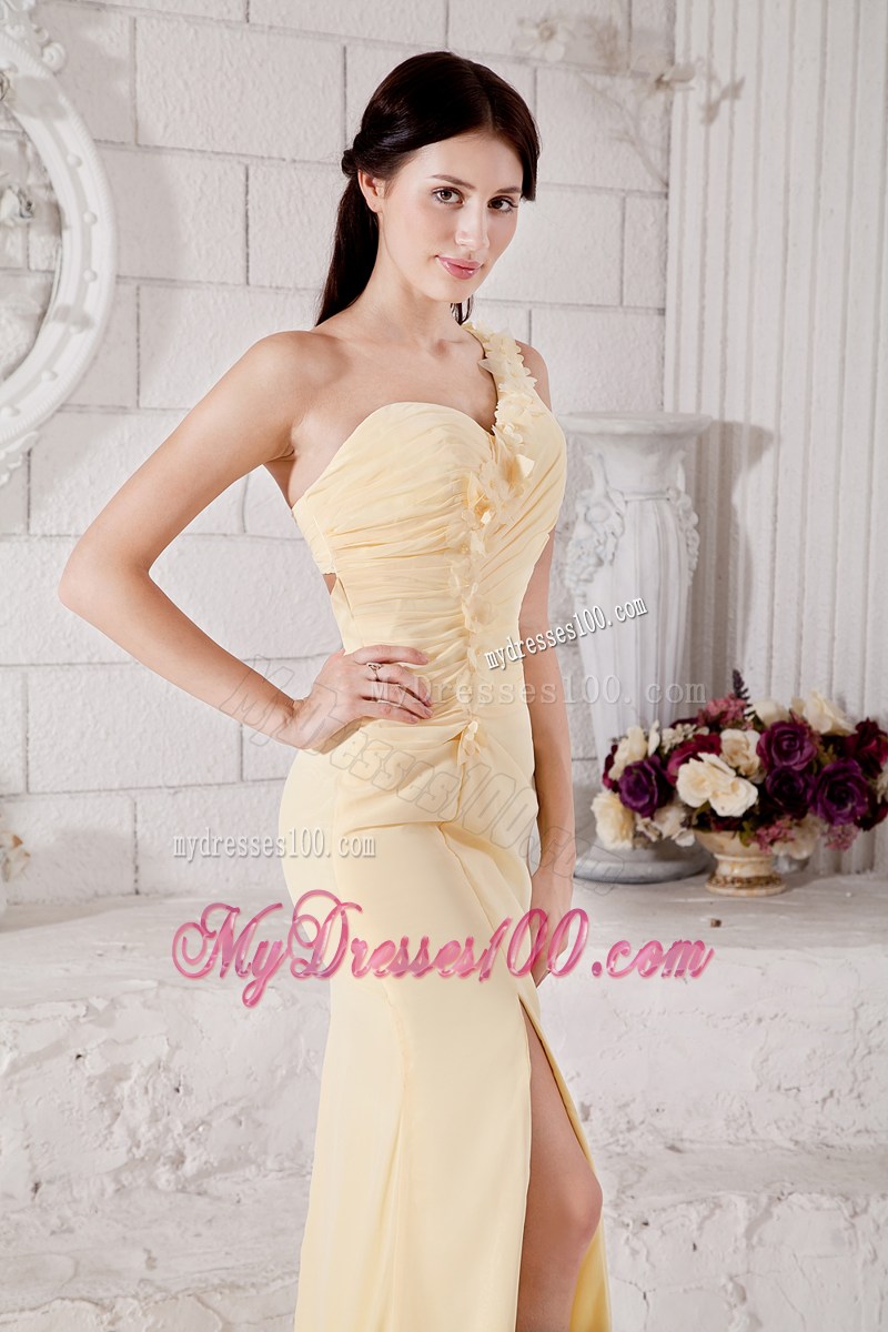 Light Yellow Empire One Shoulder Hand Made Flowers Prom Graduation Dress