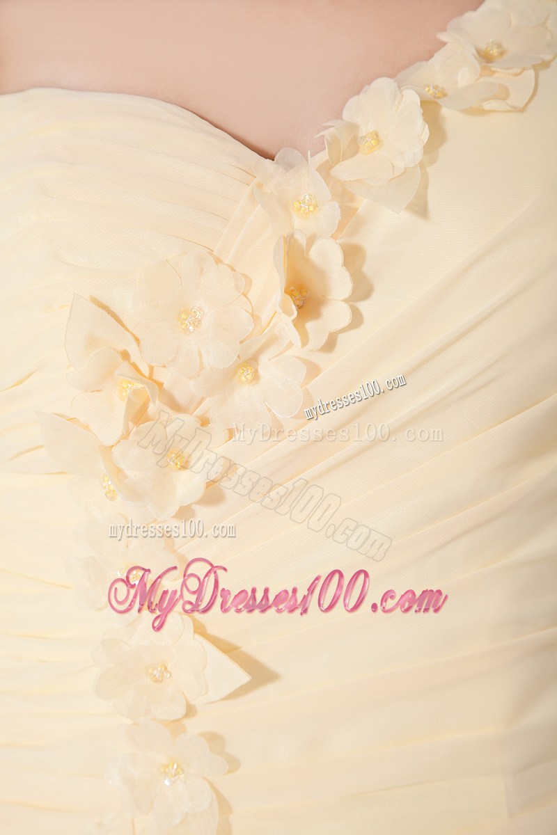 Light Yellow Empire One Shoulder Hand Made Flowers Prom Graduation Dress
