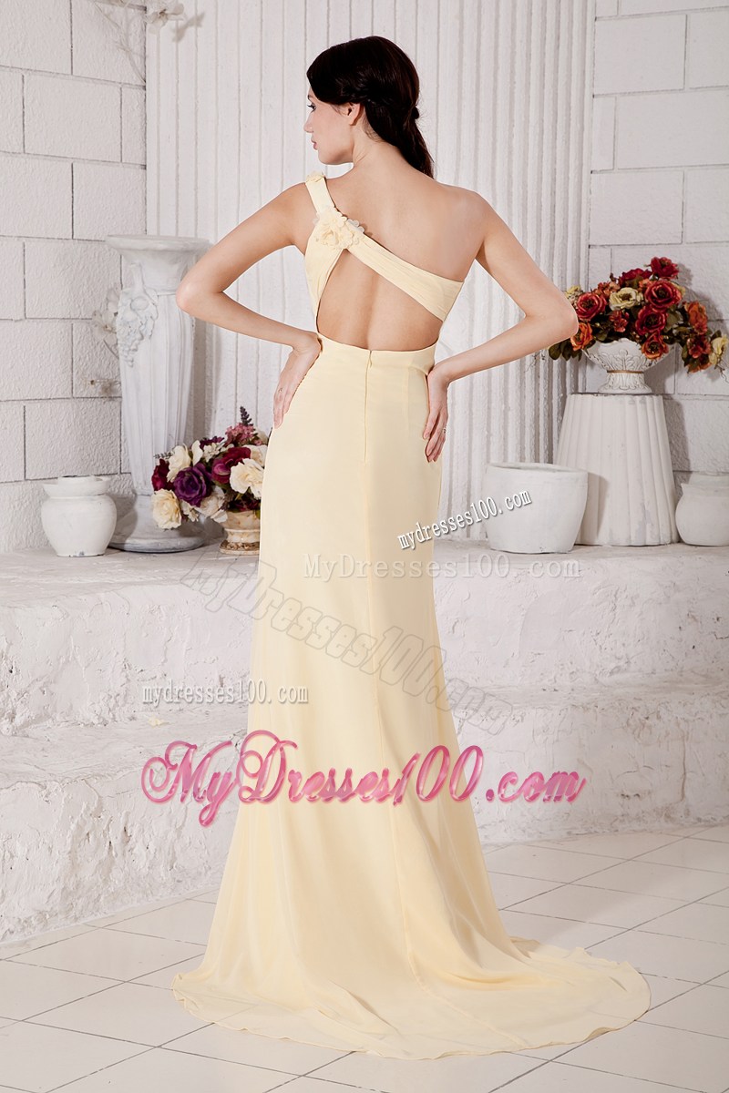 Light Yellow Empire One Shoulder Hand Made Flowers Prom Graduation Dress