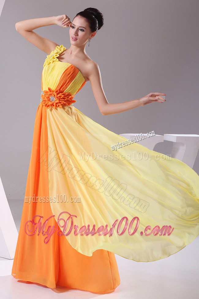 Flowers with Beading and Ruching Orange and Yellow Prom Dress