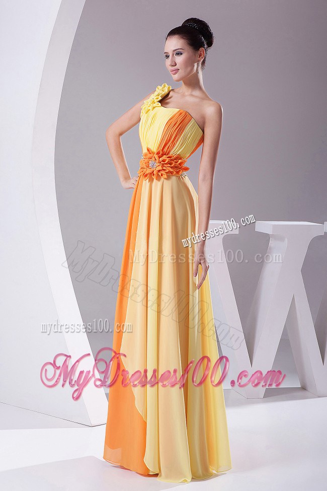 Flowers with Beading and Ruching Orange and Yellow Prom Dress
