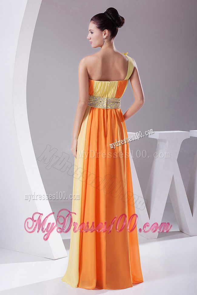 Flowers with Beading and Ruching Orange and Yellow Prom Dress