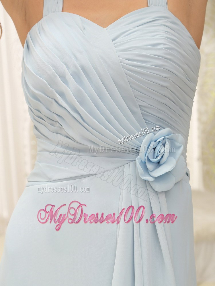 2013 Straps Ruched Hand Made Flowers Baby Blue Graduation Dresses