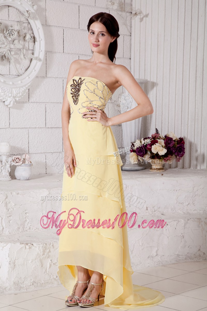 2013 Pretty Light Yellow High-low Graduation Dresses with Beading