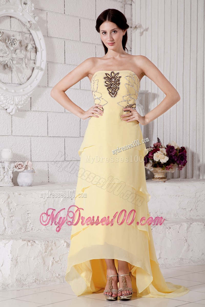 2013 Pretty Light Yellow High-low Graduation Dresses with Beading