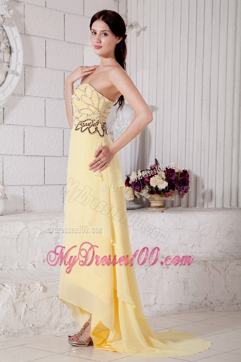 2013 Pretty Light Yellow High-low Graduation Dresses with Beading