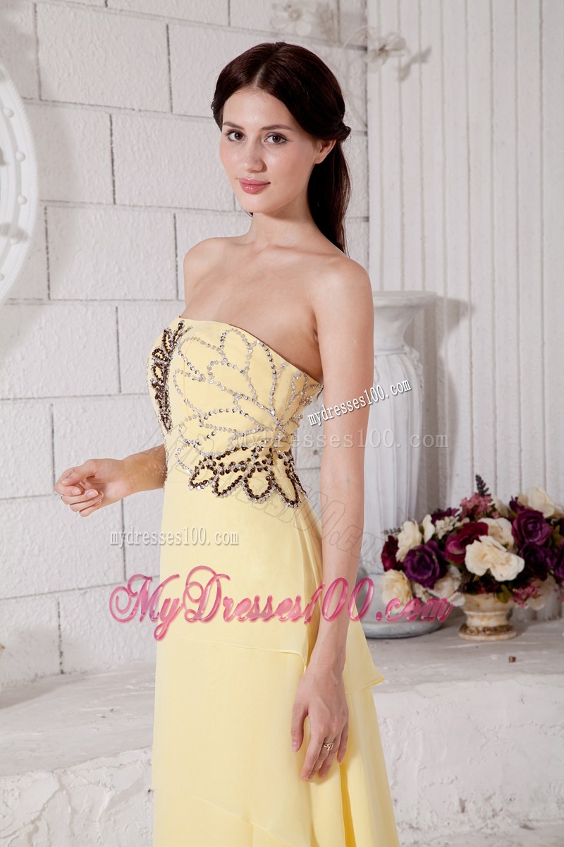 2013 Pretty Light Yellow High-low Graduation Dresses with Beading