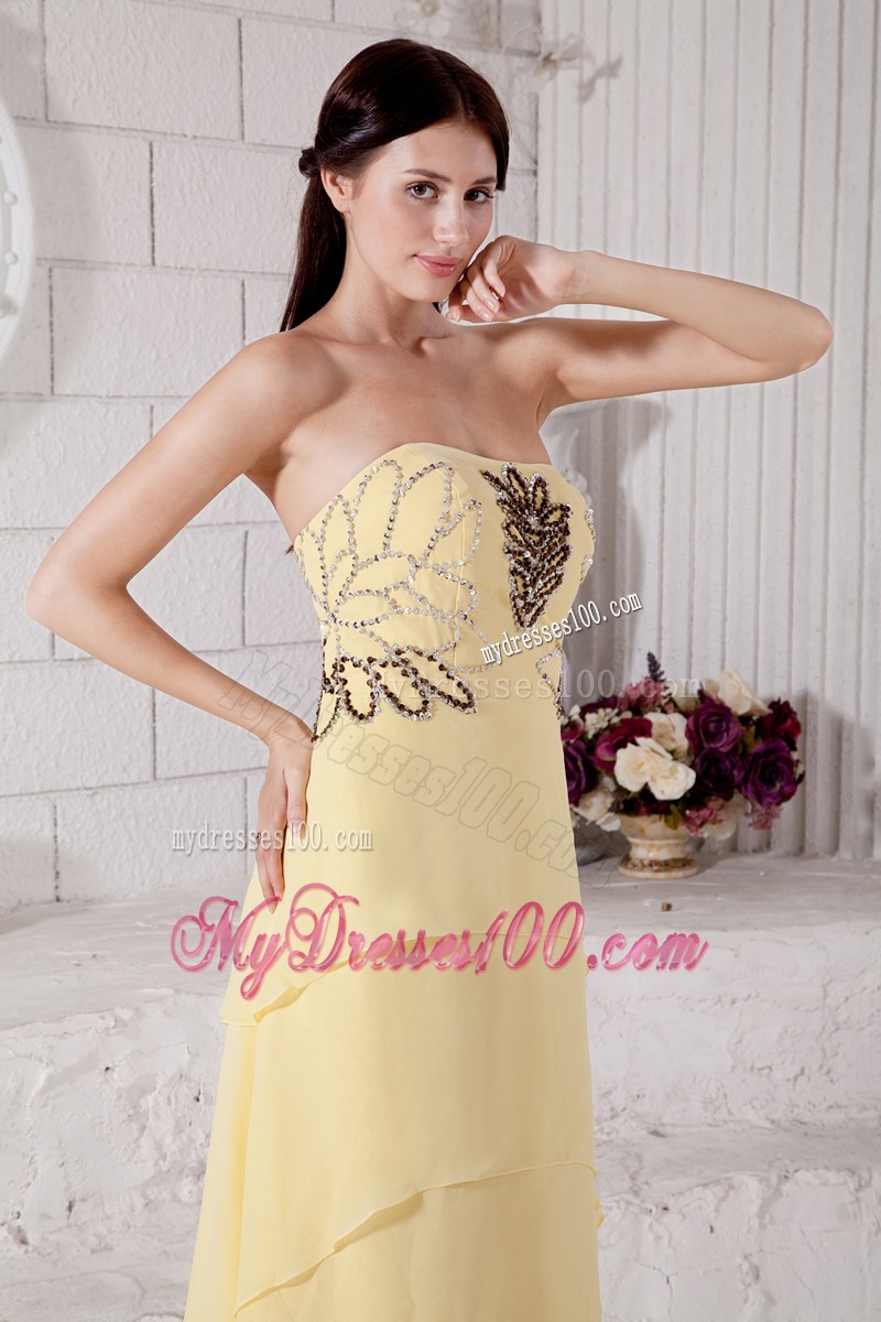2013 Pretty Light Yellow High-low Graduation Dresses with Beading