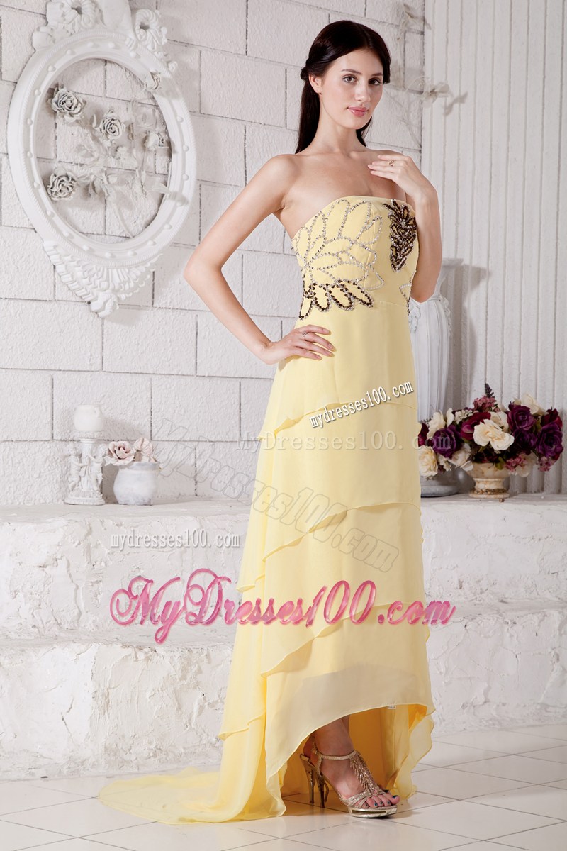 2013 Pretty Light Yellow High-low Graduation Dresses with Beading