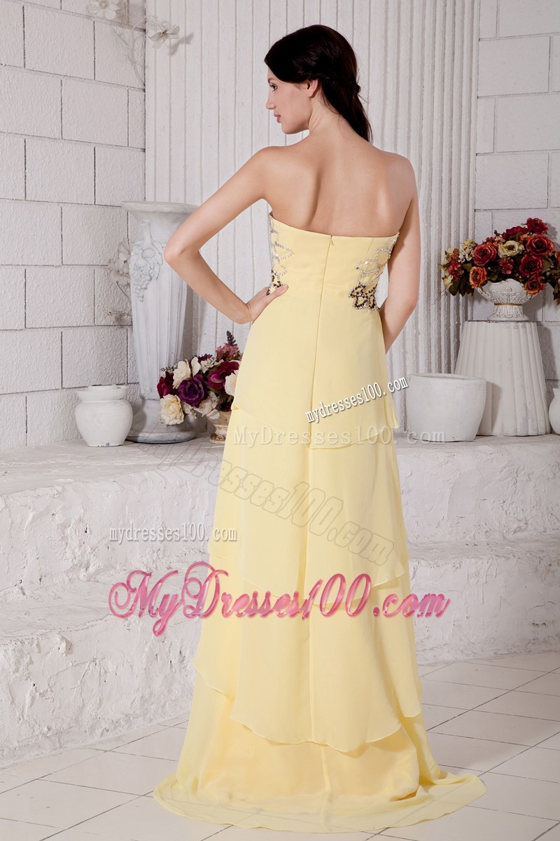 2013 Pretty Light Yellow High-low Graduation Dresses with Beading