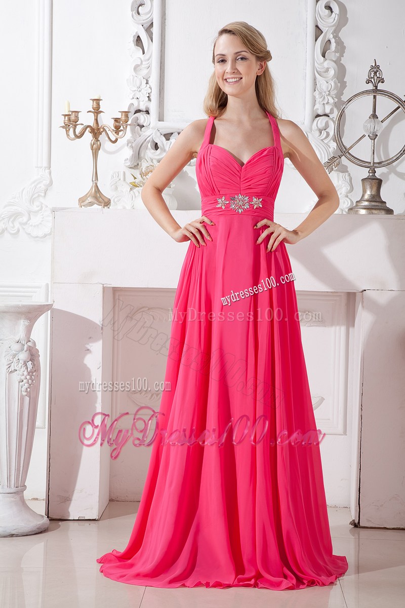 Pretty Hot Pink Empire Halter Beaded Graduation Dresses Brush Train