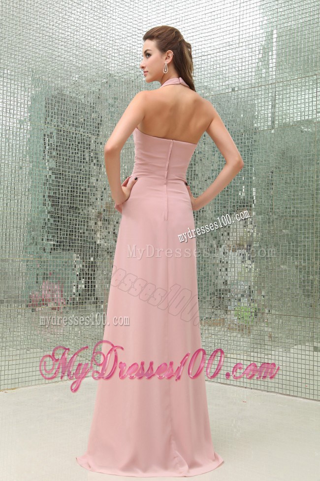 Cheap Simple Light Pink Halter Graduation Dress with Brush Train