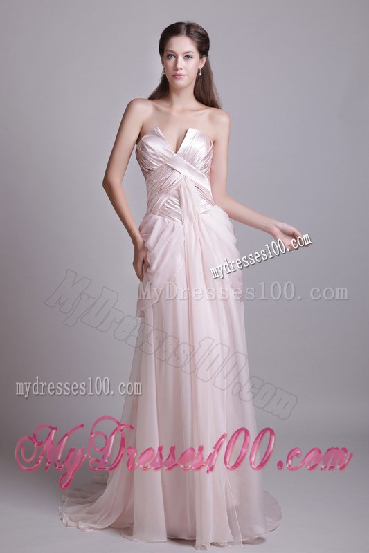 Pink Empire Strapless Brush Train Pleat Prom Graduation Dress for 2013